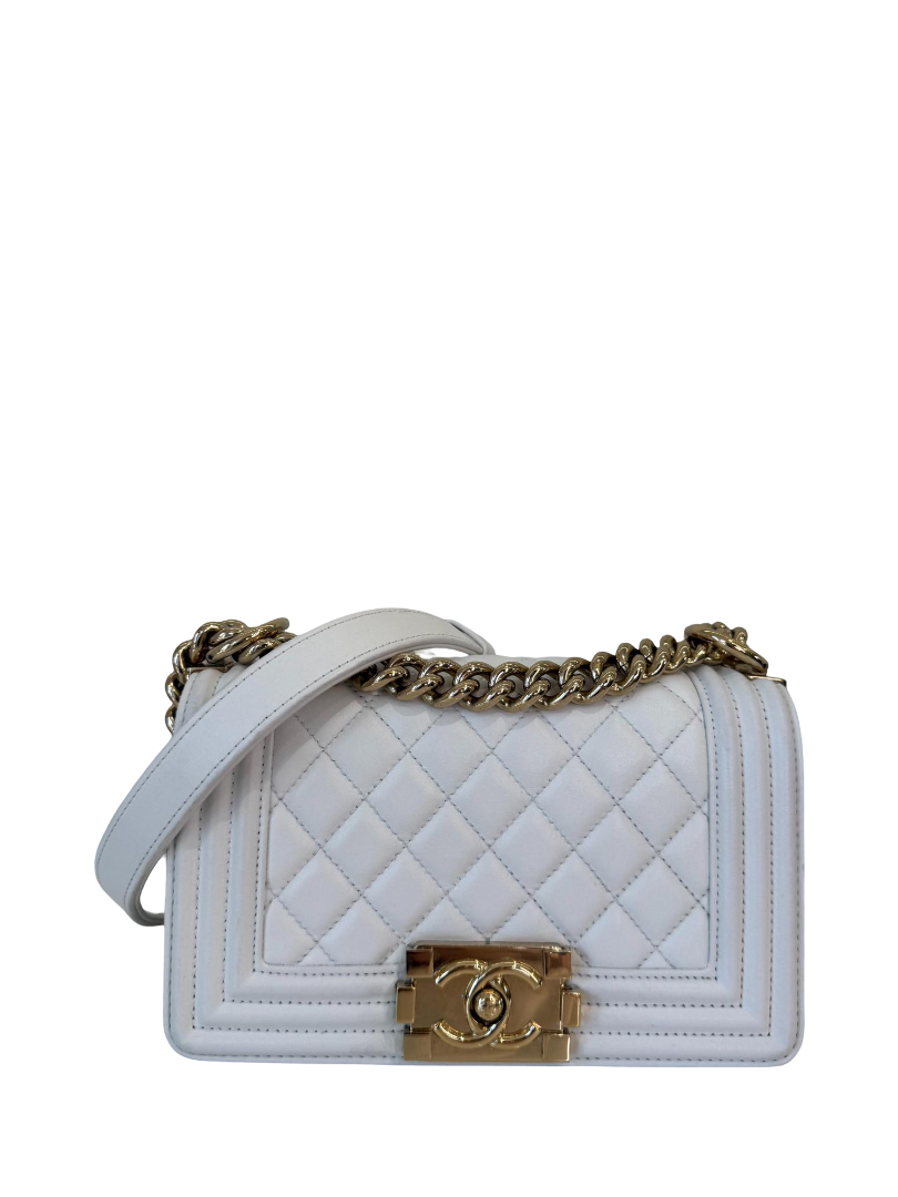 Chanel Small Boy White Quilted Lambskin Leather GHW