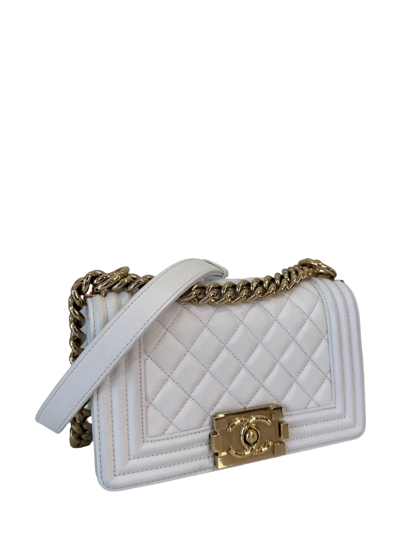 Chanel Small Boy White Quilted Lambskin Leather GHW