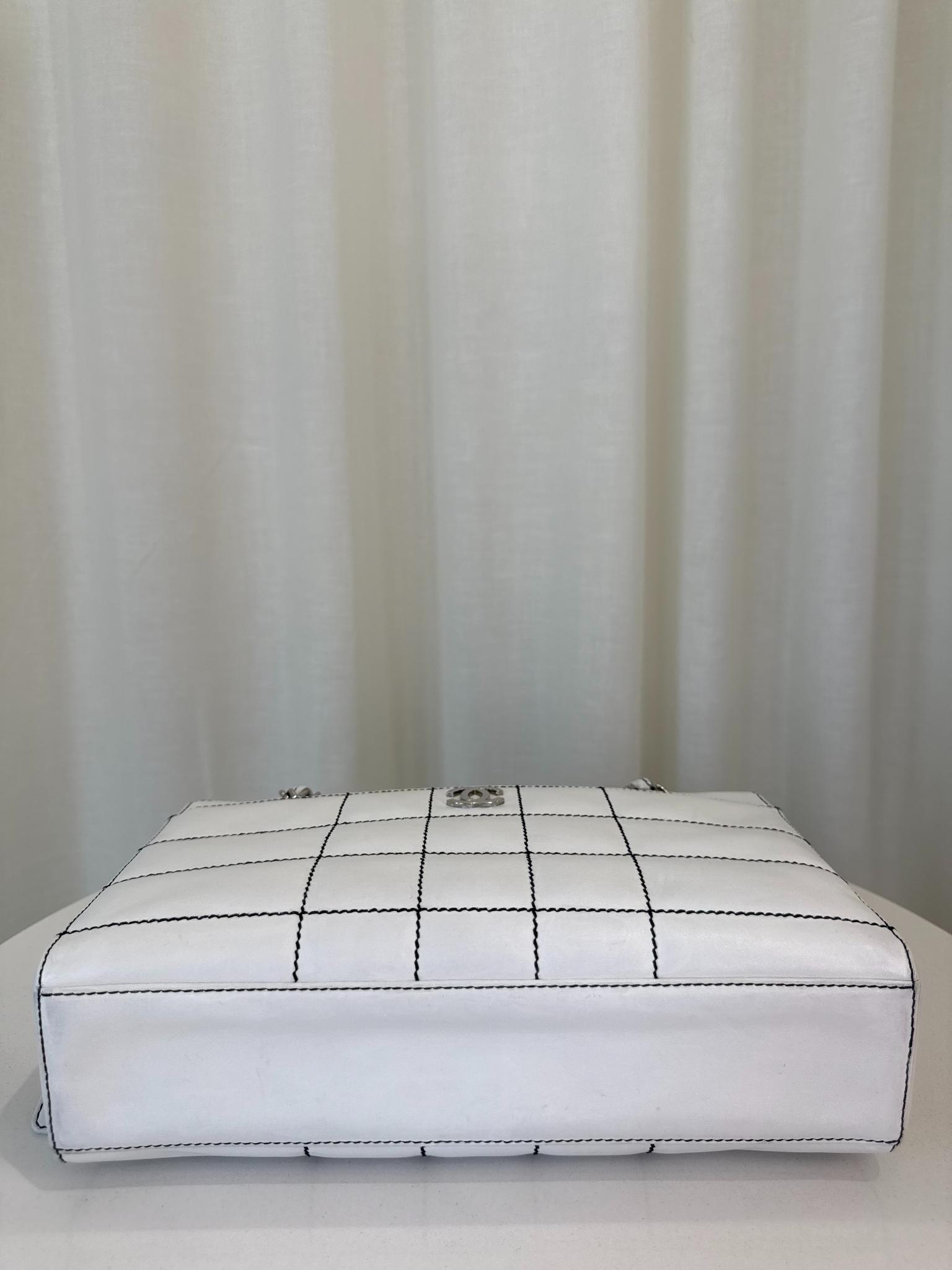 Chanel Lambskin Stitched Chocolate Bar White Shoulder Bag
