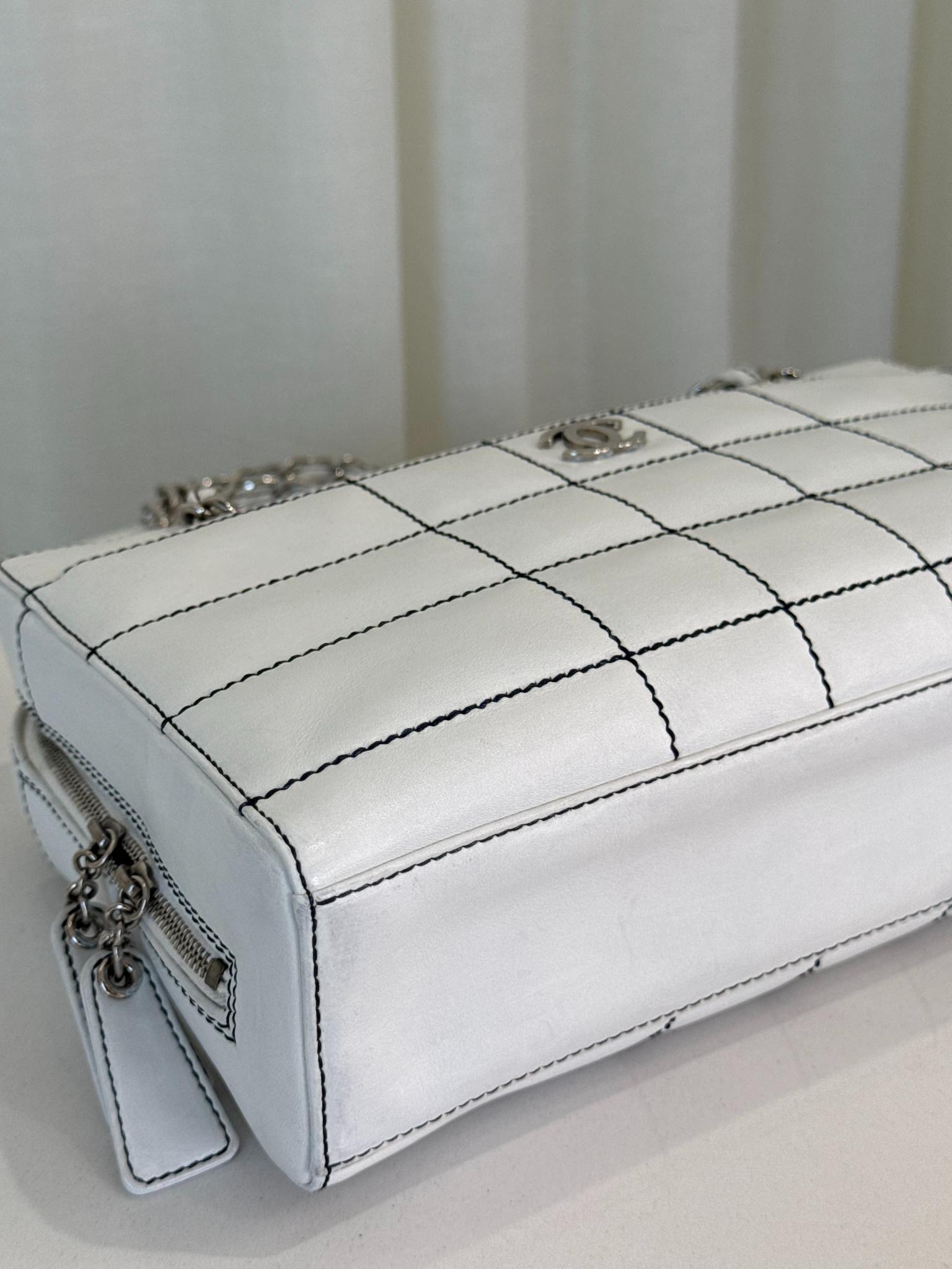 Chanel Lambskin Stitched Chocolate Bar White Shoulder Bag