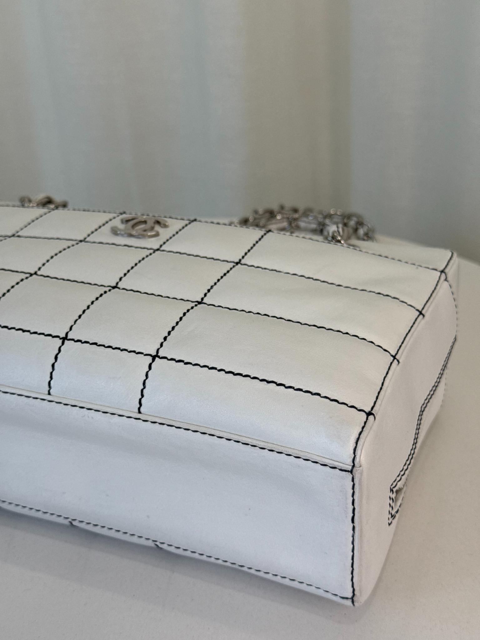 Chanel Lambskin Stitched Chocolate Bar White Shoulder Bag