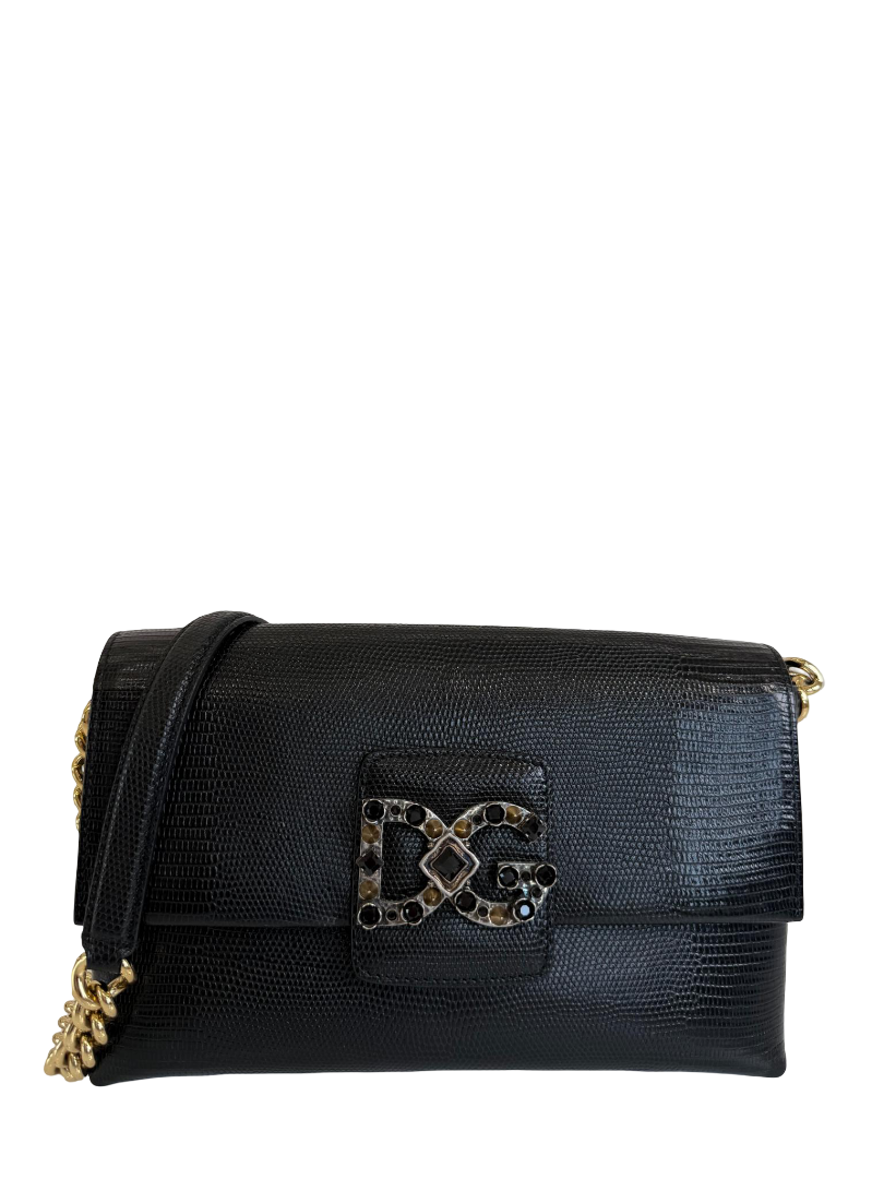 Dolce Gabbana Millennials Black Iguana Embossed Leather DG Crystals