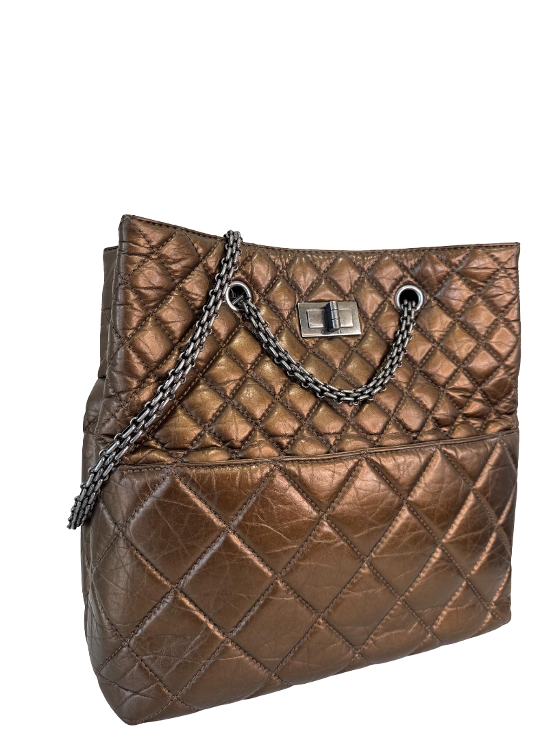 Chanel Bronze 2.55 Quilted Crinkled Calfskin Leather 2.55 Reissue North/South Tote Bag