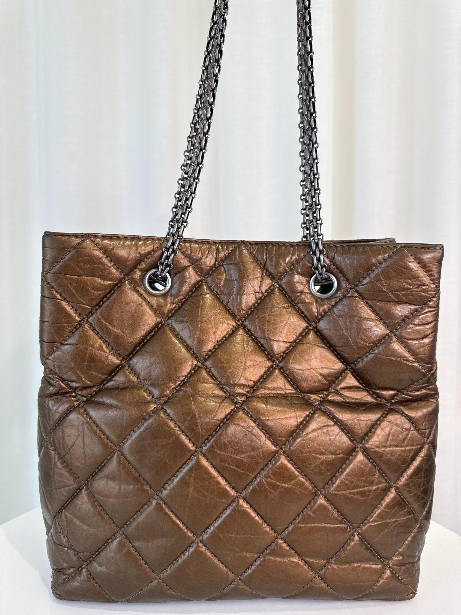 Chanel Bronze 2.55 Quilted Crinkled Calfskin Leather 2.55 Reissue North/South Tote Bag