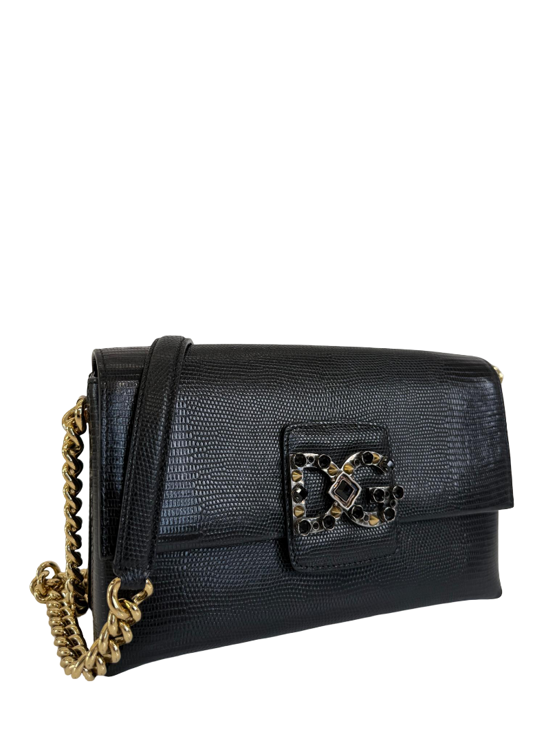 Dolce Gabbana Millennials Black Iguana Embossed Leather DG Crystals