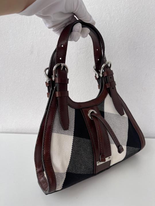 Burberry Brown Leather Check Canvas Hobo Bag