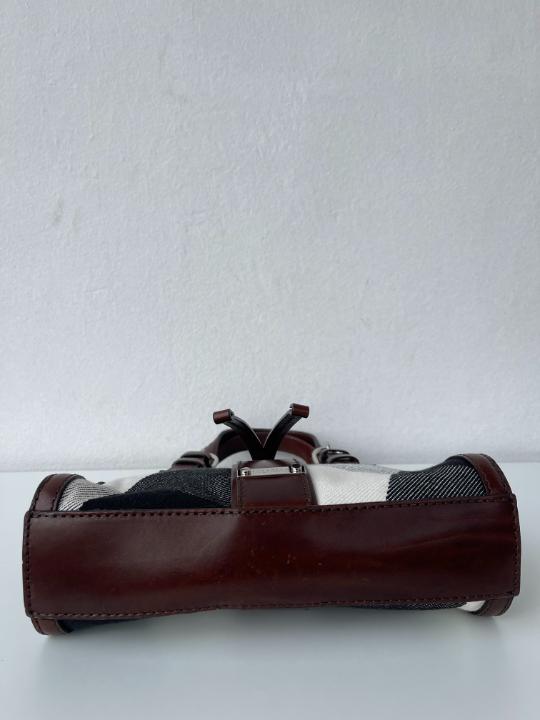 Burberry Brown Leather Check Canvas Hobo Bag