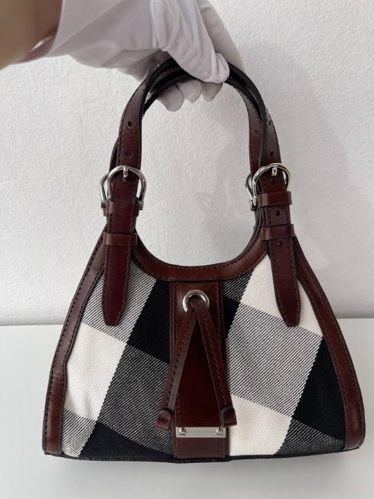 Burberry Brown Leather Check Canvas Hobo Bag