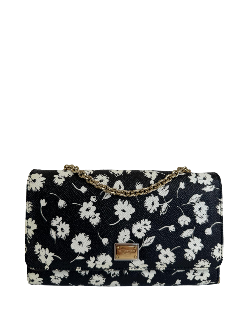Dolce Gabbana Black/White Leather Floral Print Wallet on Chain