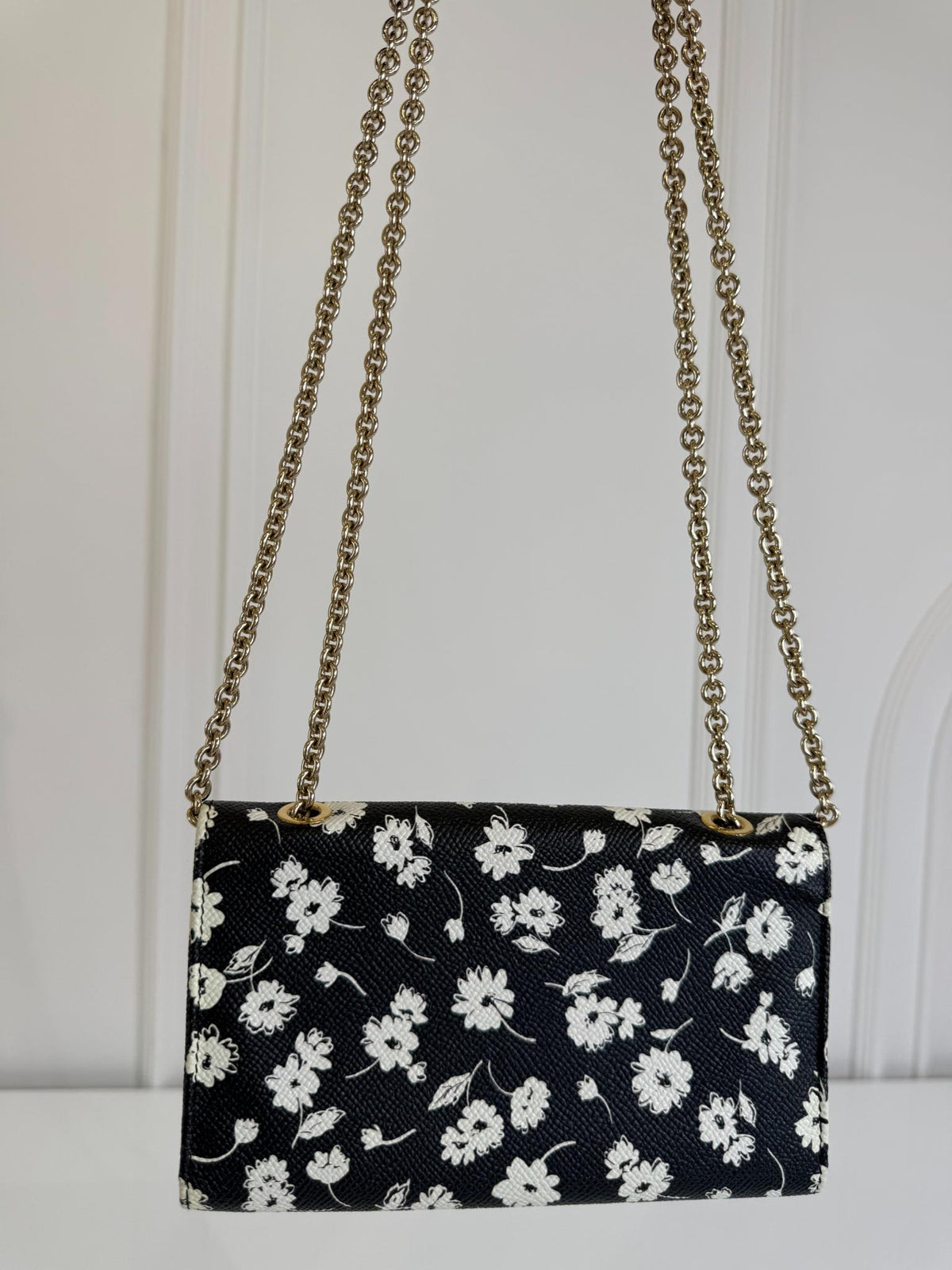 Dolce Gabbana Black/White Leather Floral Print Wallet on Chain