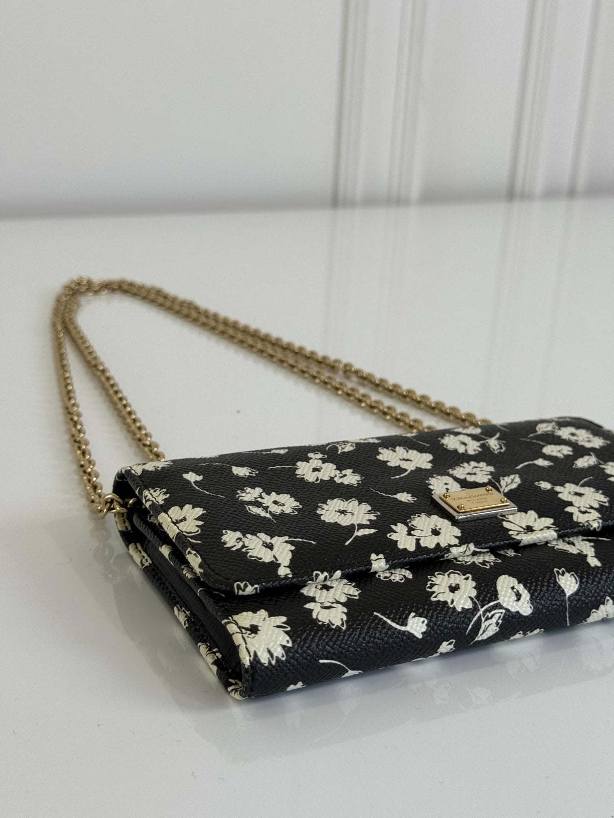 Dolce Gabbana Black/White Leather Floral Print Wallet on Chain