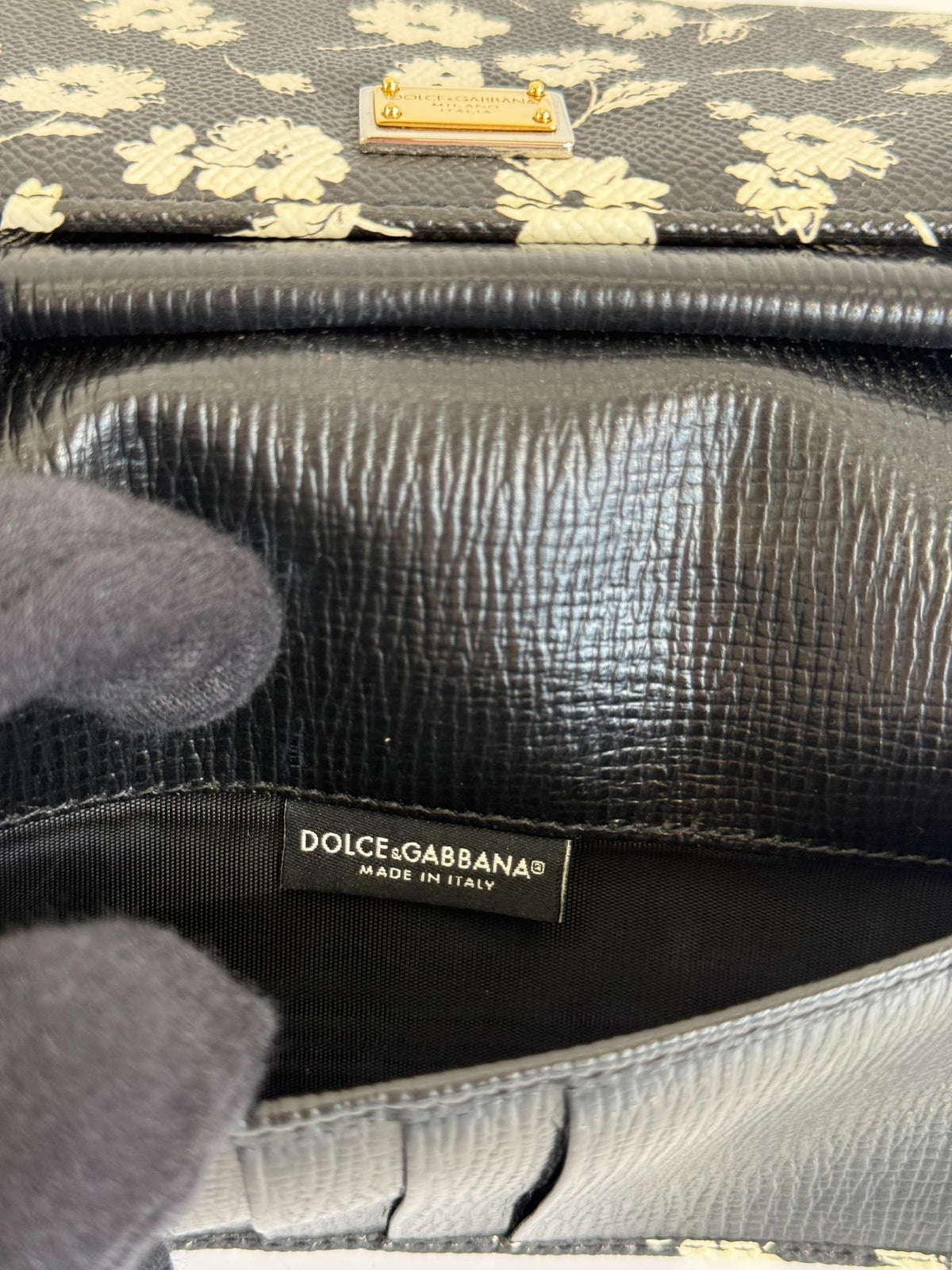 Dolce Gabbana Black/White Leather Floral Print Wallet on Chain