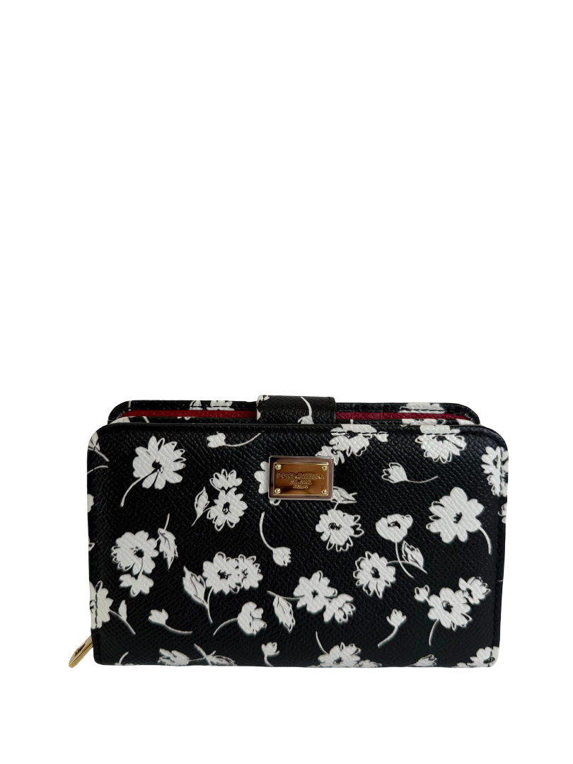 Dolce Gabbana Black/White Leather Floral Print Wallet
