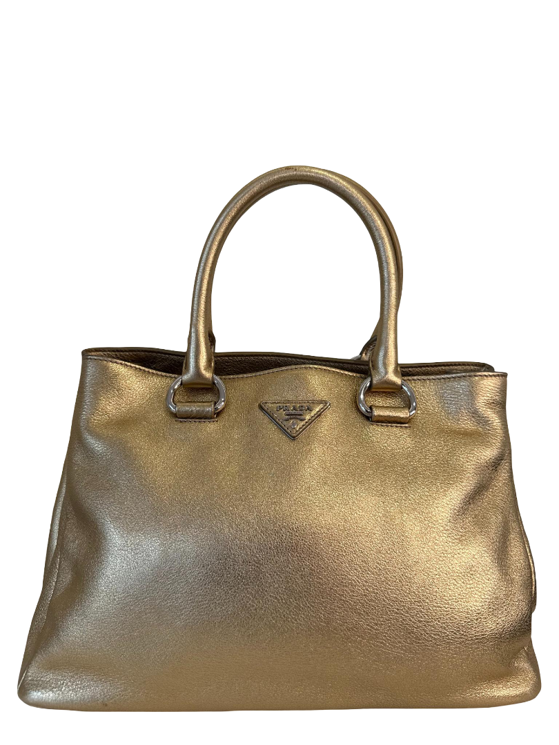 Prada Medium Executive Gold Metallic Leather Double Zip Tote