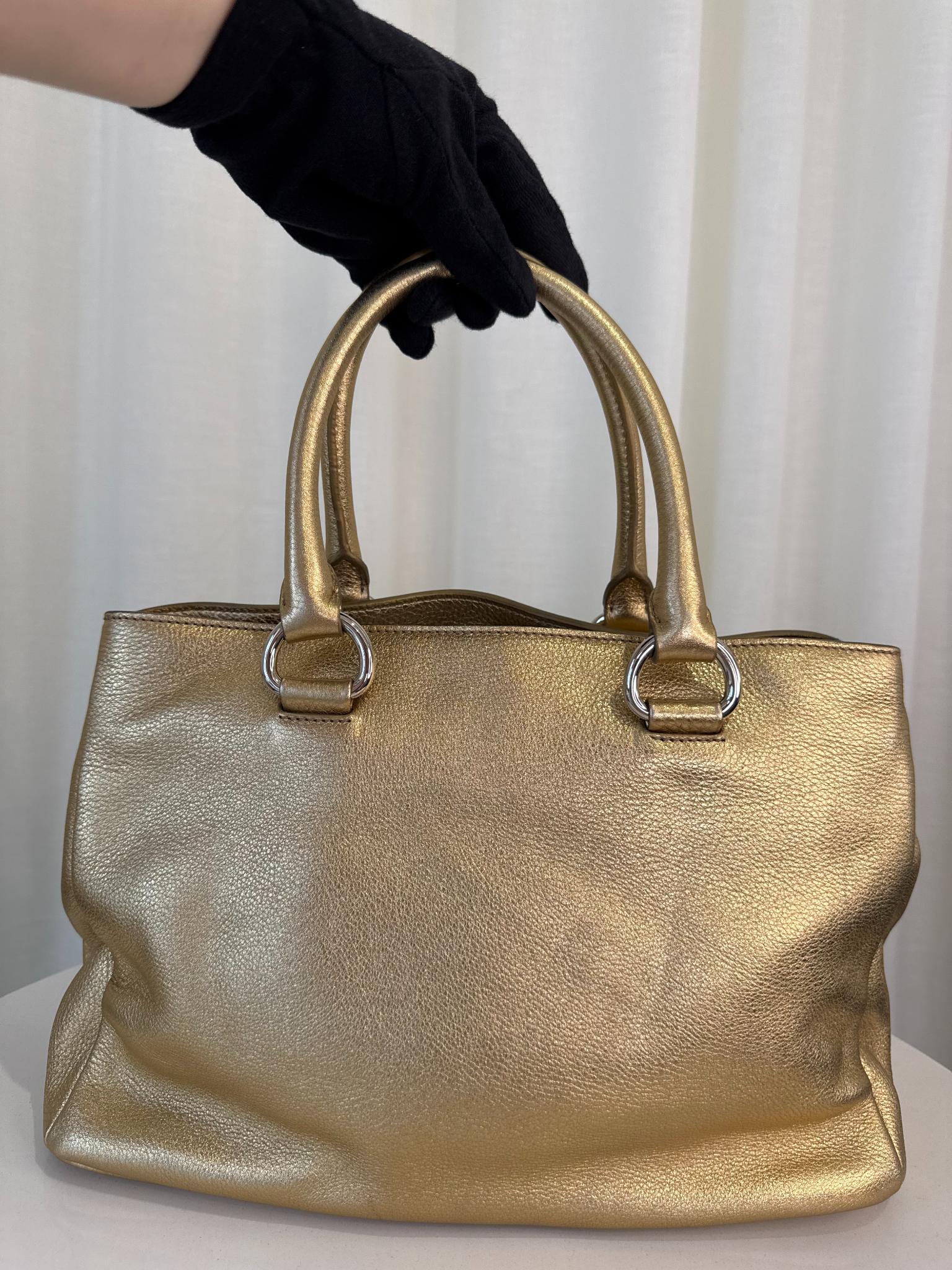 Prada Medium Executive Gold Metallic Leather Double Zip Tote