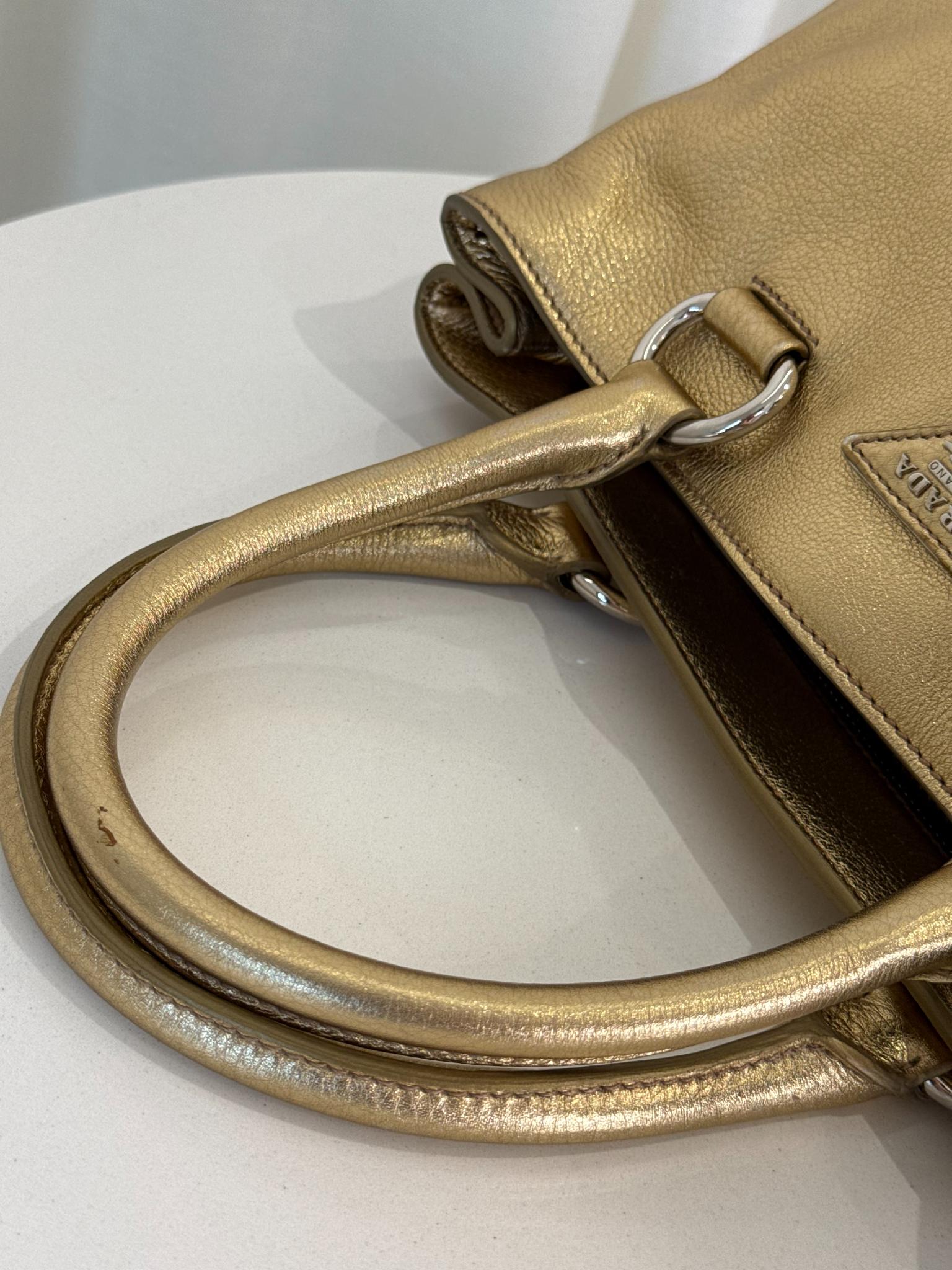 Prada Medium Executive Gold Metallic Leather Double Zip Tote