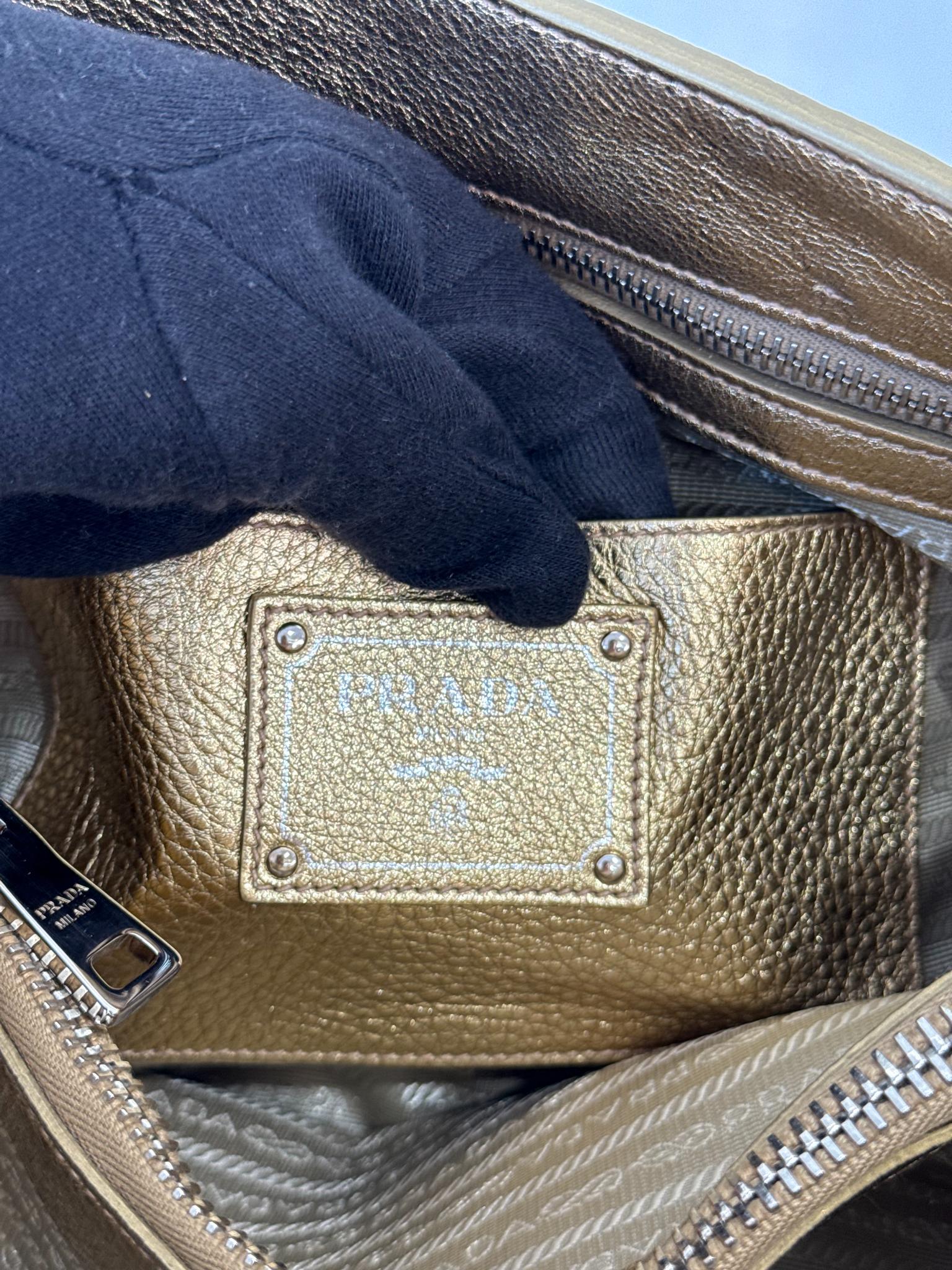 Prada Medium Executive Gold Metallic Leather Double Zip Tote