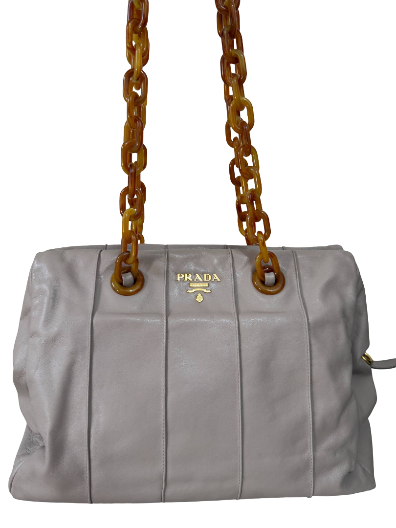 Prada Pomice Beige Soft Leather Shoulder Bag with Tortoiseshell Chain