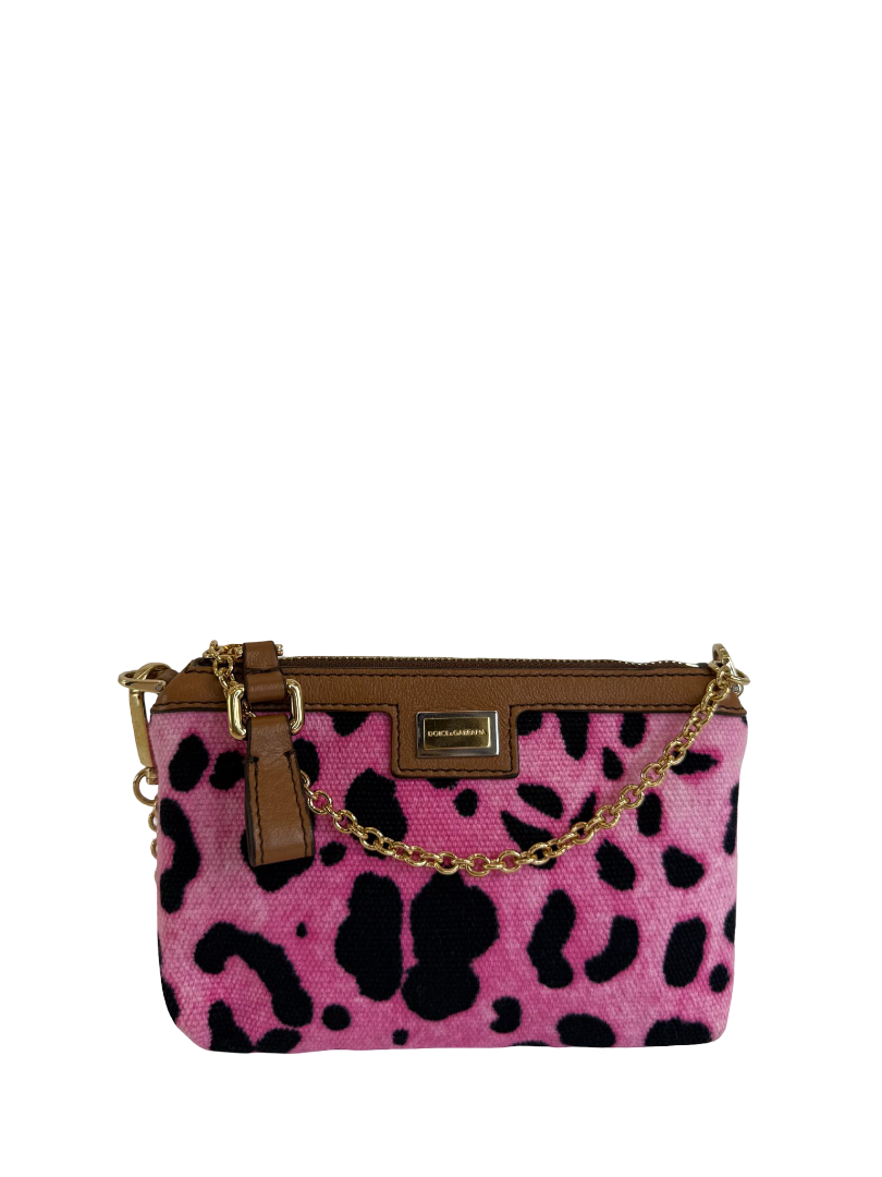 Dolce Gabbana Brown/Pink Leopard Print Canvas Wristlet Clutch