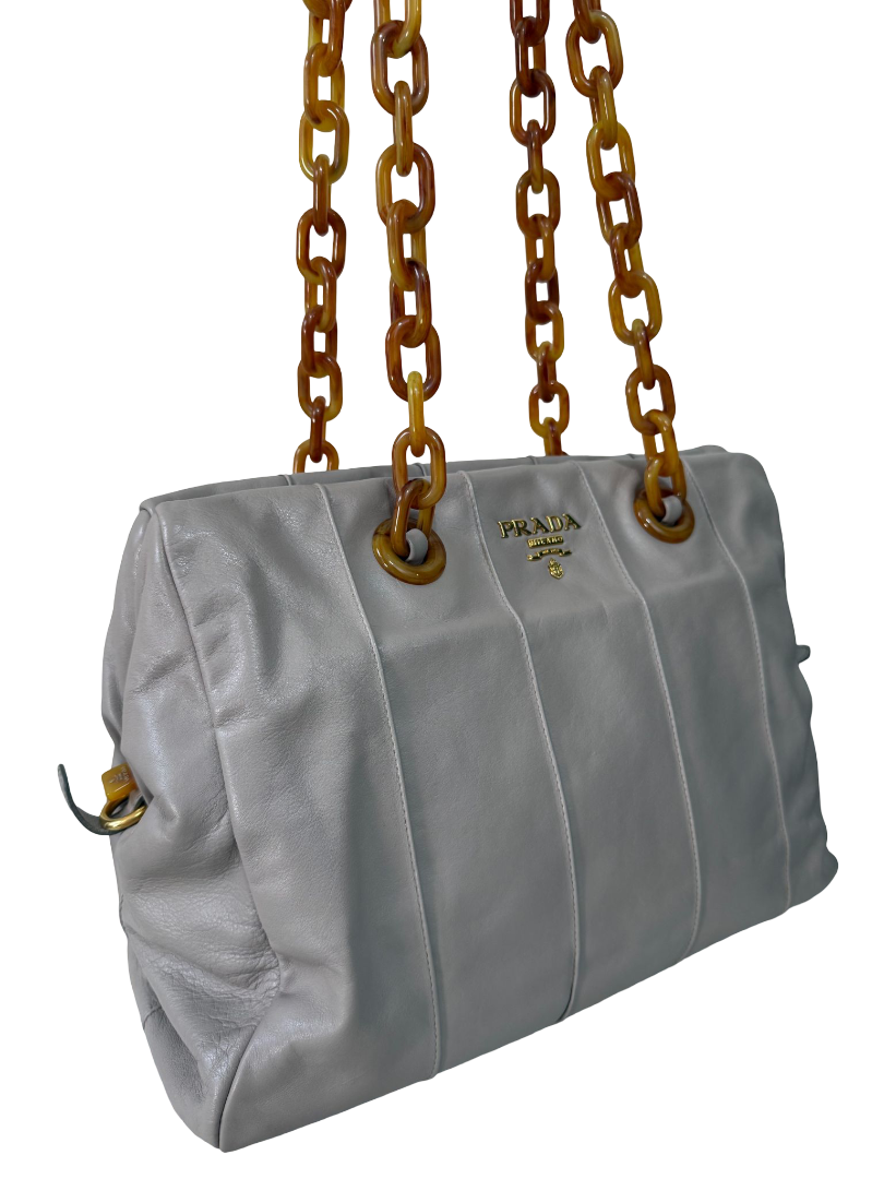 Prada Pomice Beige Soft Leather Shoulder Bag with Tortoiseshell Chain