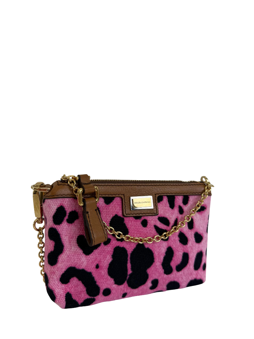 Dolce Gabbana Brown/Pink Leopard Print Canvas Wristlet Clutch