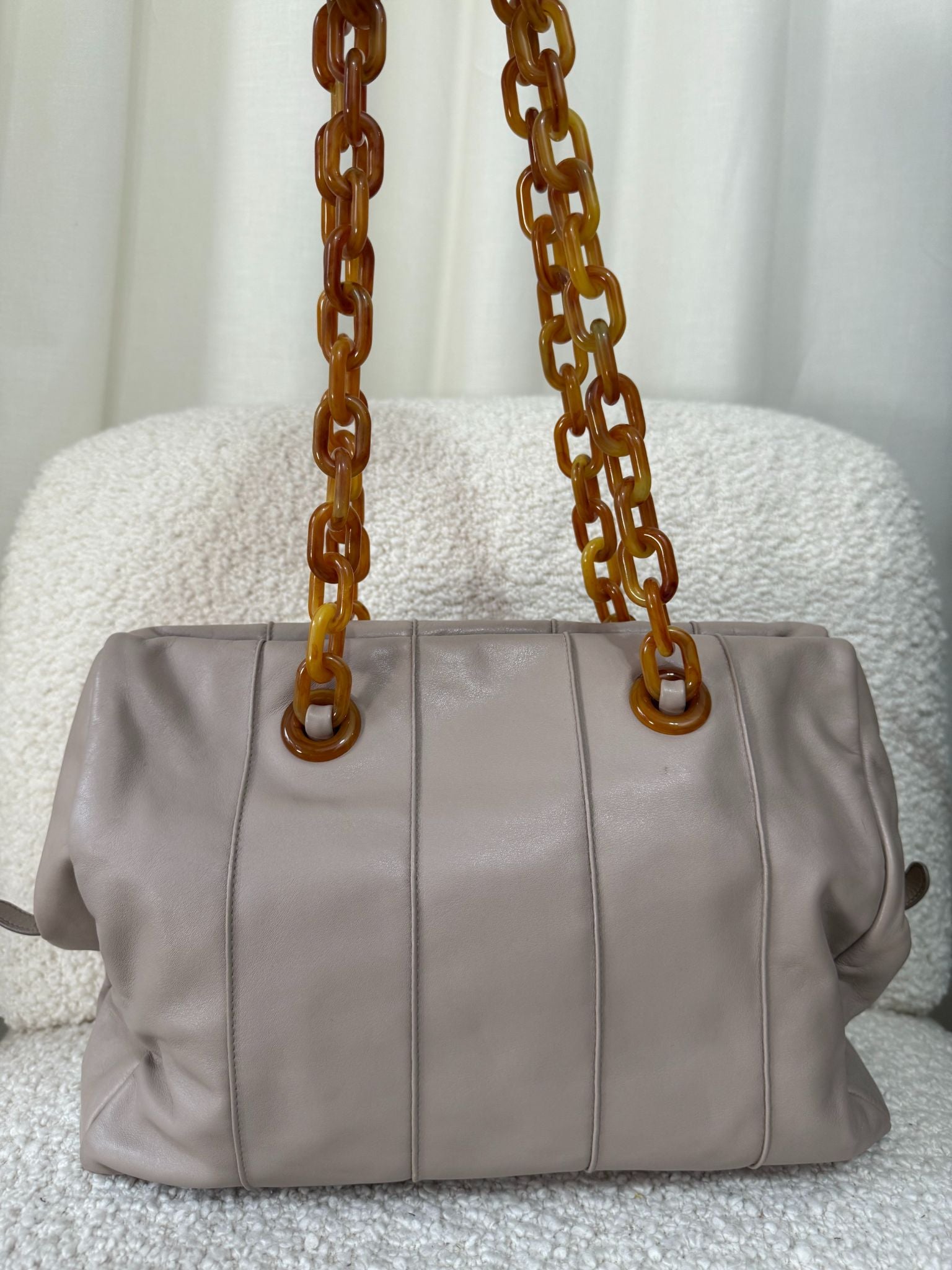 Prada Pomice Beige Soft Leather Shoulder Bag with Tortoiseshell Chain