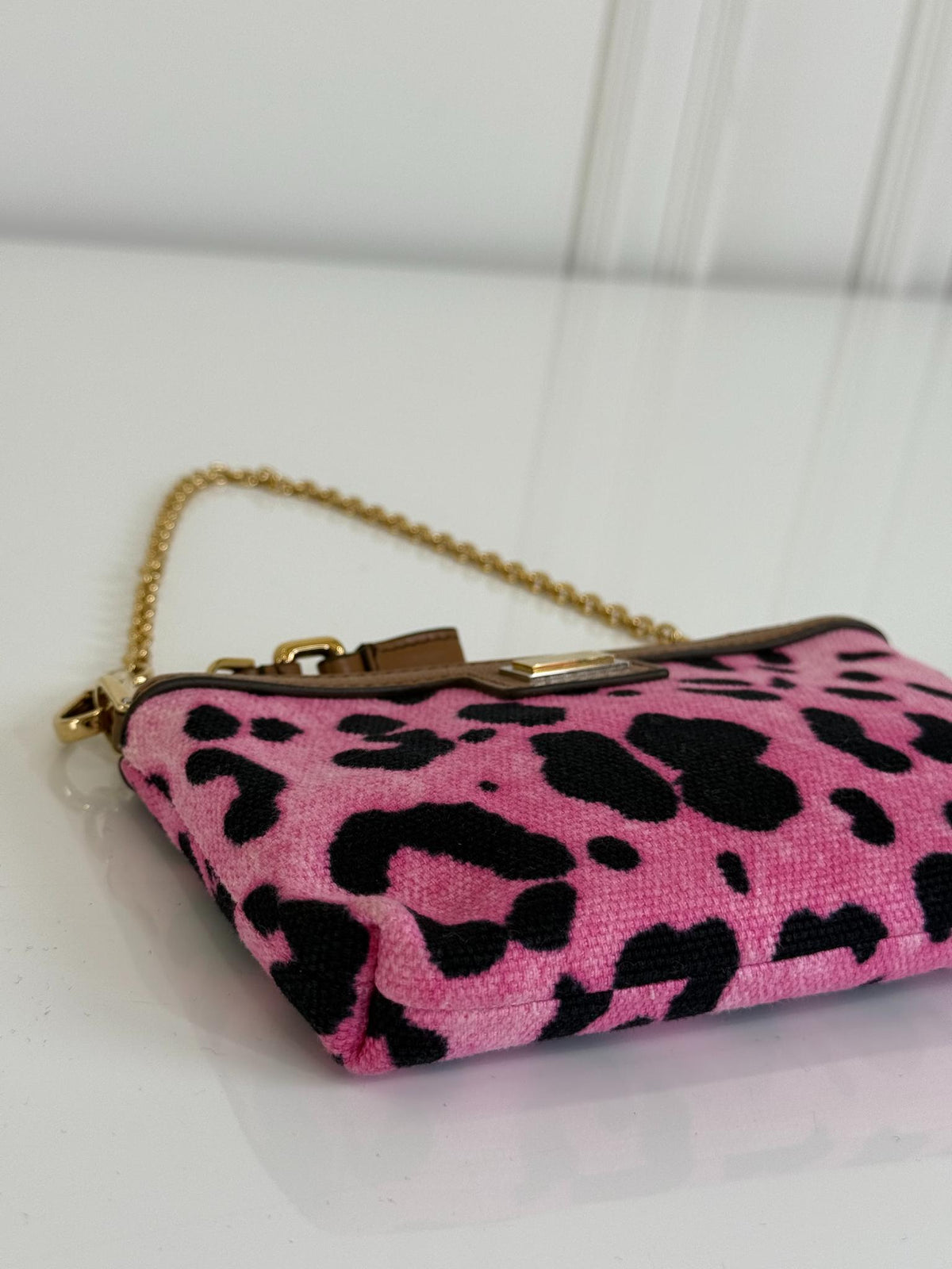 Dolce Gabbana Brown/Pink Leopard Print Canvas Wristlet Clutch
