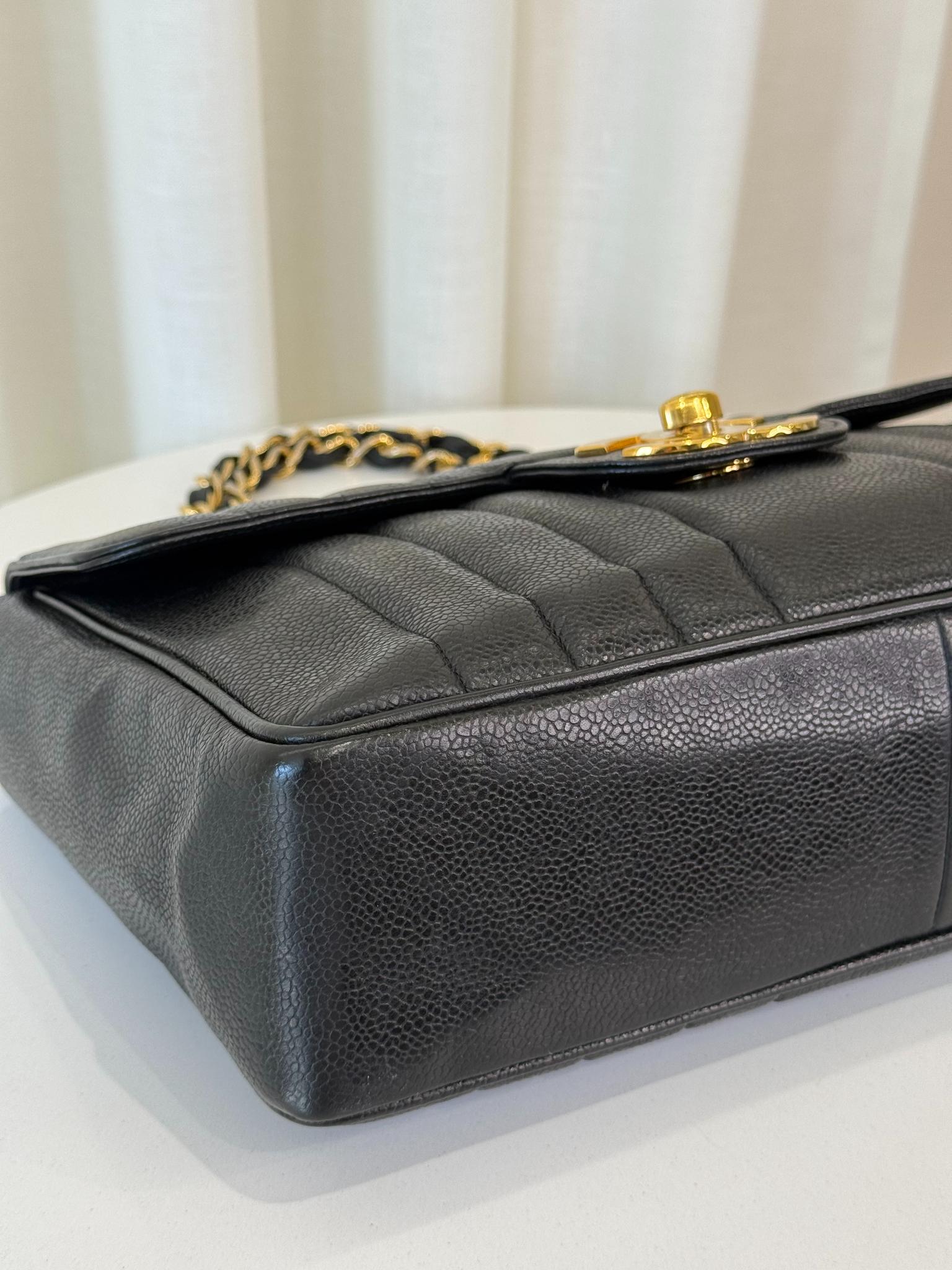 Chanel Vintage Black Caviar Mademoiselle Jumbo Classic Flap Bag GHW
