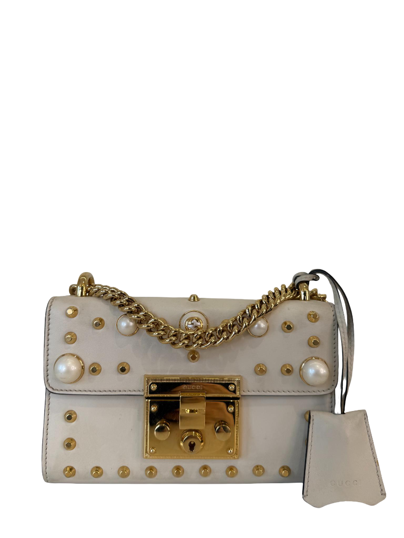 Gucci Ivory Leather Small Pearl Studded Padlock Shoulder Bag