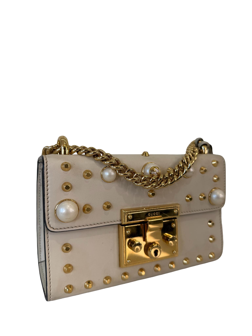 Gucci Ivory Leather Small Pearl Studded Padlock Shoulder Bag