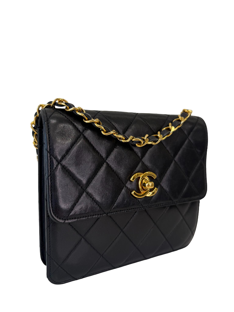 Chanel Vintage Black Matelassé Lambskin Quilted Single Flap Chain Bag
