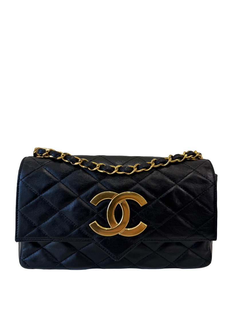Chanel Coco Vintage Big CC Logo Black Lambskin Quilted Single Flap Bag