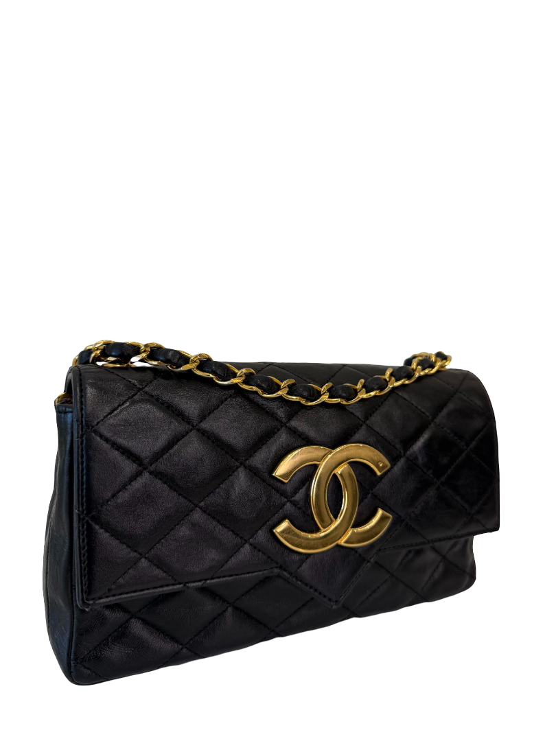 Chanel Coco Vintage Big CC Logo Black Lambskin Quilted Single Flap Bag