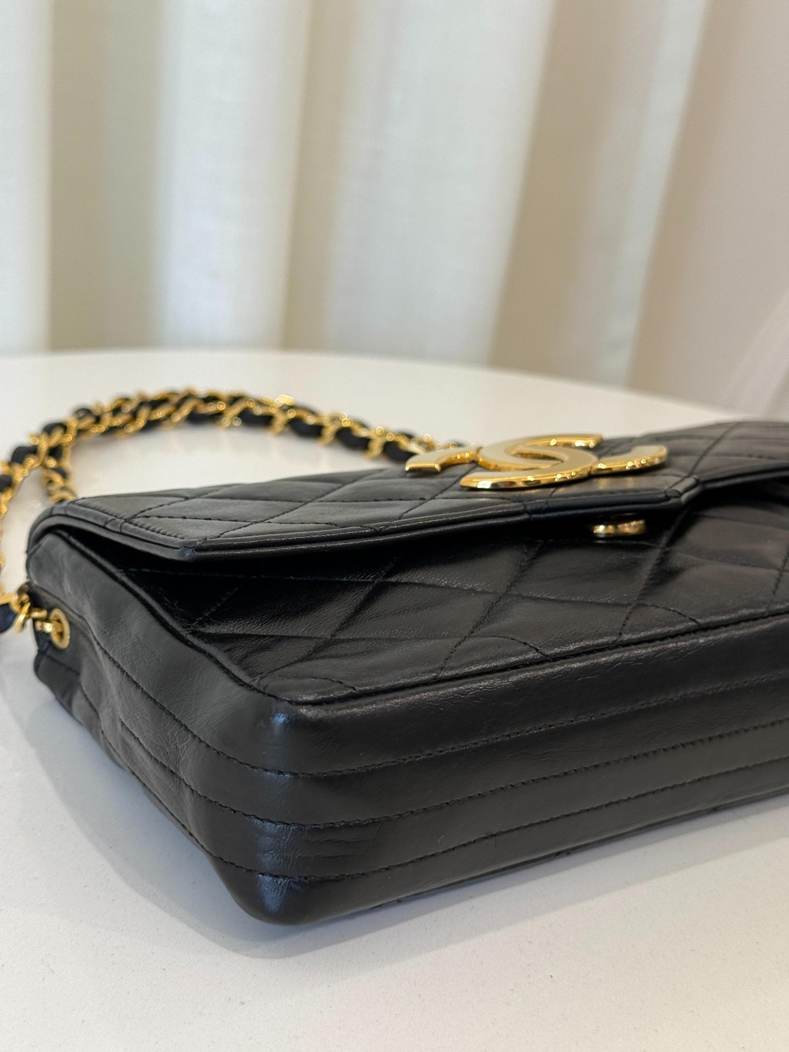 Chanel Coco Vintage Big CC Logo Black Lambskin Quilted Single Flap Bag
