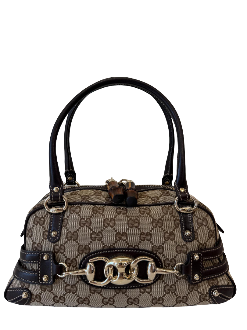 Gucci Beige/Ebony GG Fabric Bamboo Horsebit Medium Wave Boston Bag