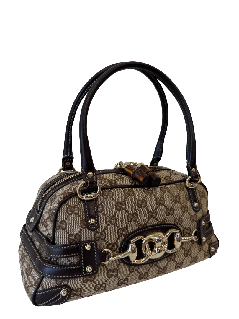 Gucci Beige/Ebony GG Fabric Bamboo Horsebit Medium Wave Boston Bag
