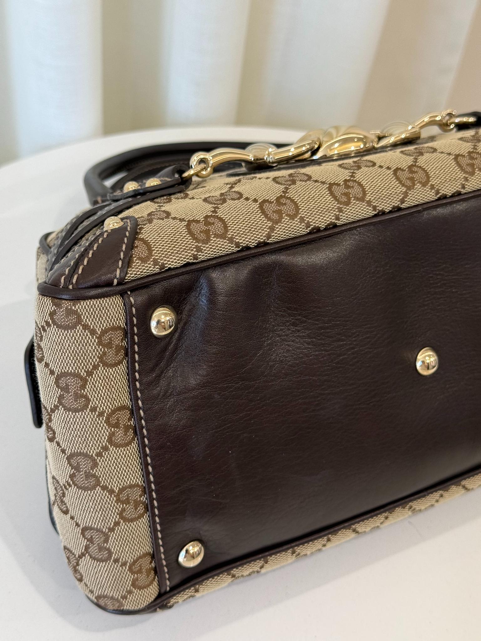 Gucci Beige/Ebony GG Fabric Bamboo Horsebit Medium Wave Boston Bag