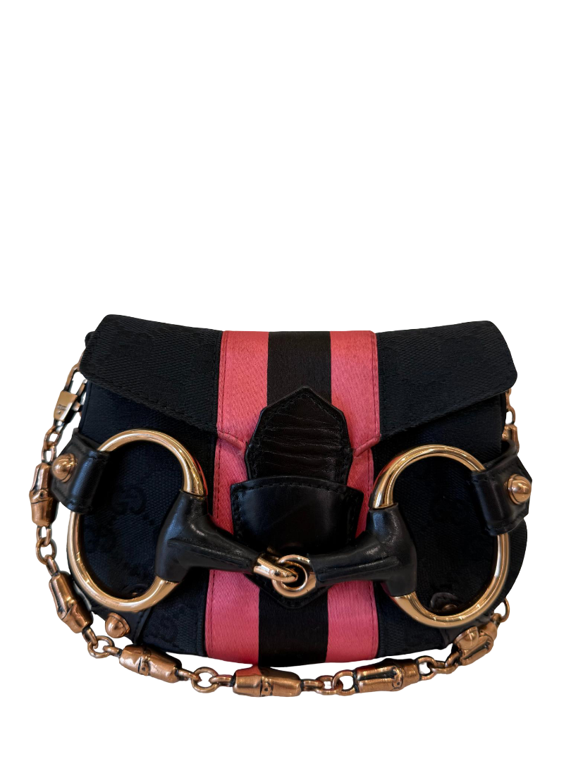 Gucci by Tom Ford Black GG Canvas Horsebit Chain Pink Stripe