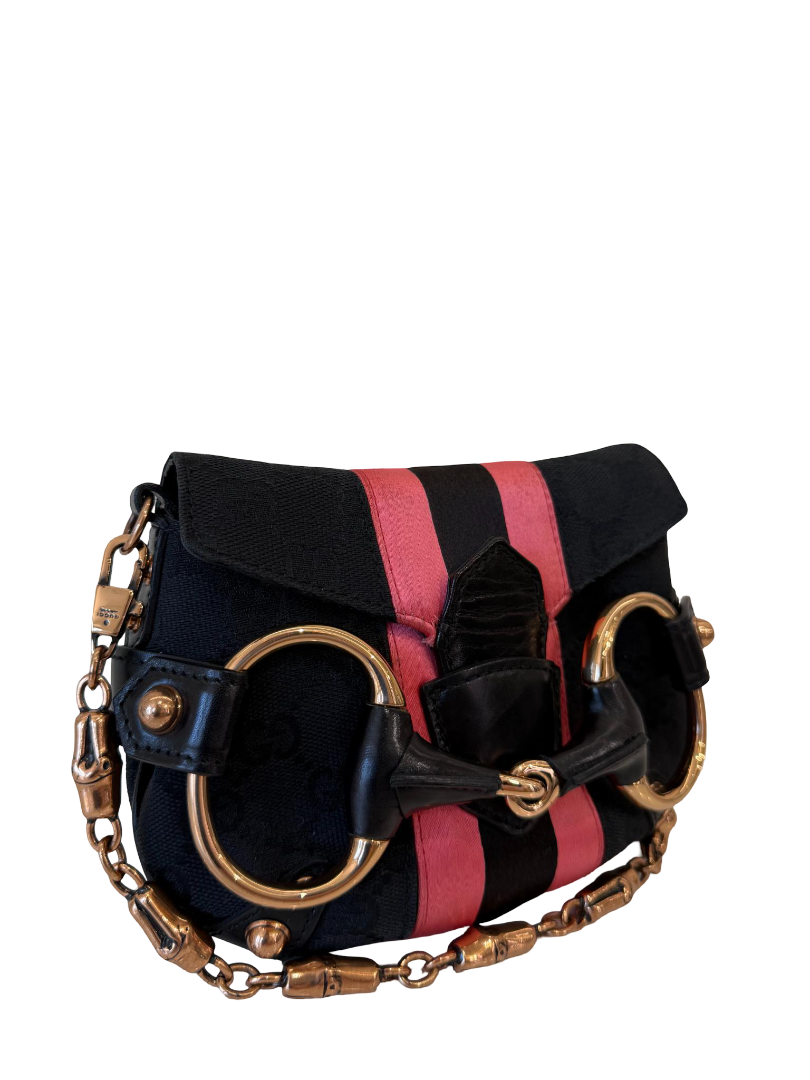 Gucci by Tom Ford Black GG Canvas Horsebit Chain Pink Stripe