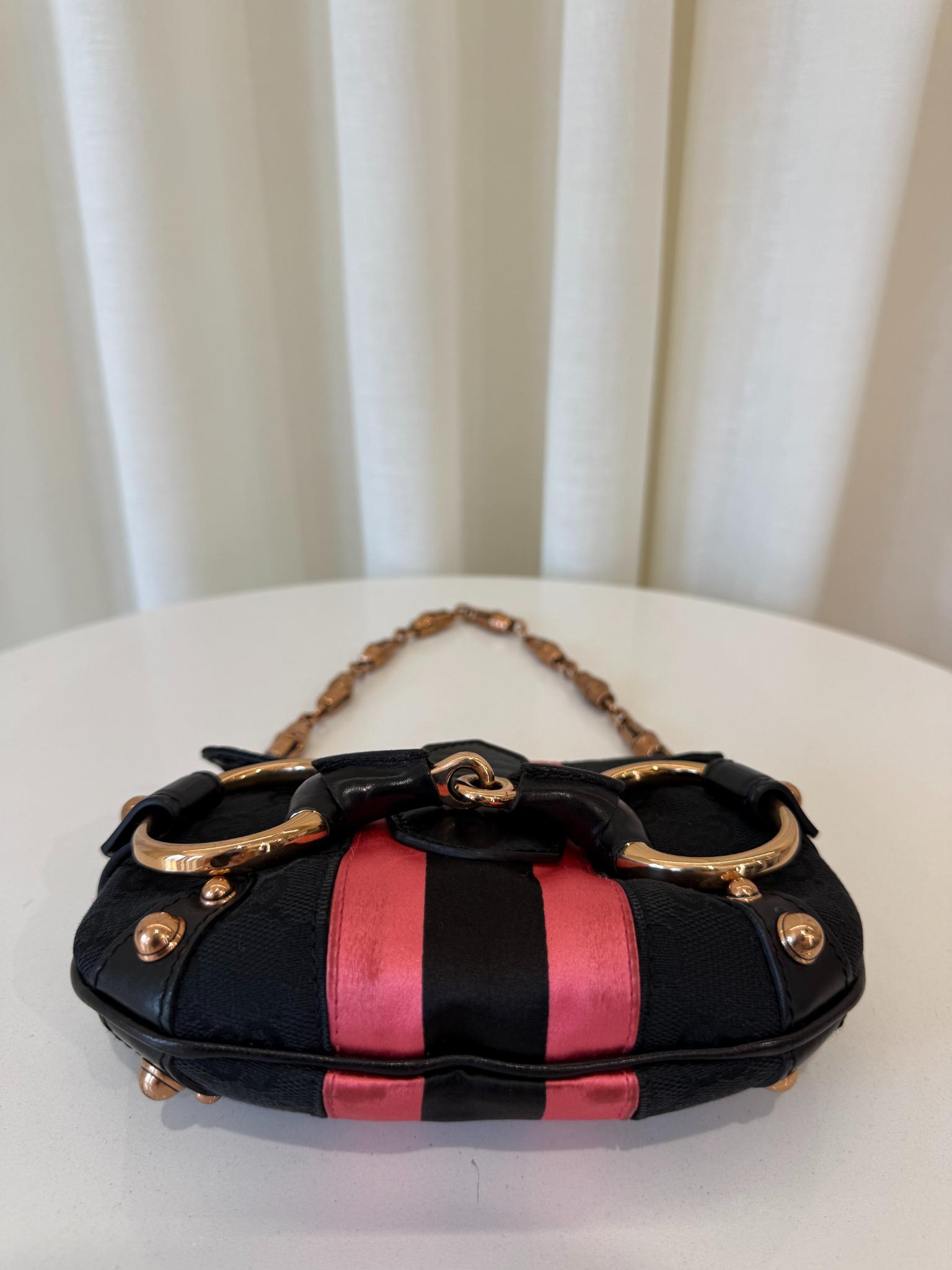 Gucci by Tom Ford Black GG Canvas Horsebit Chain Pink Stripe