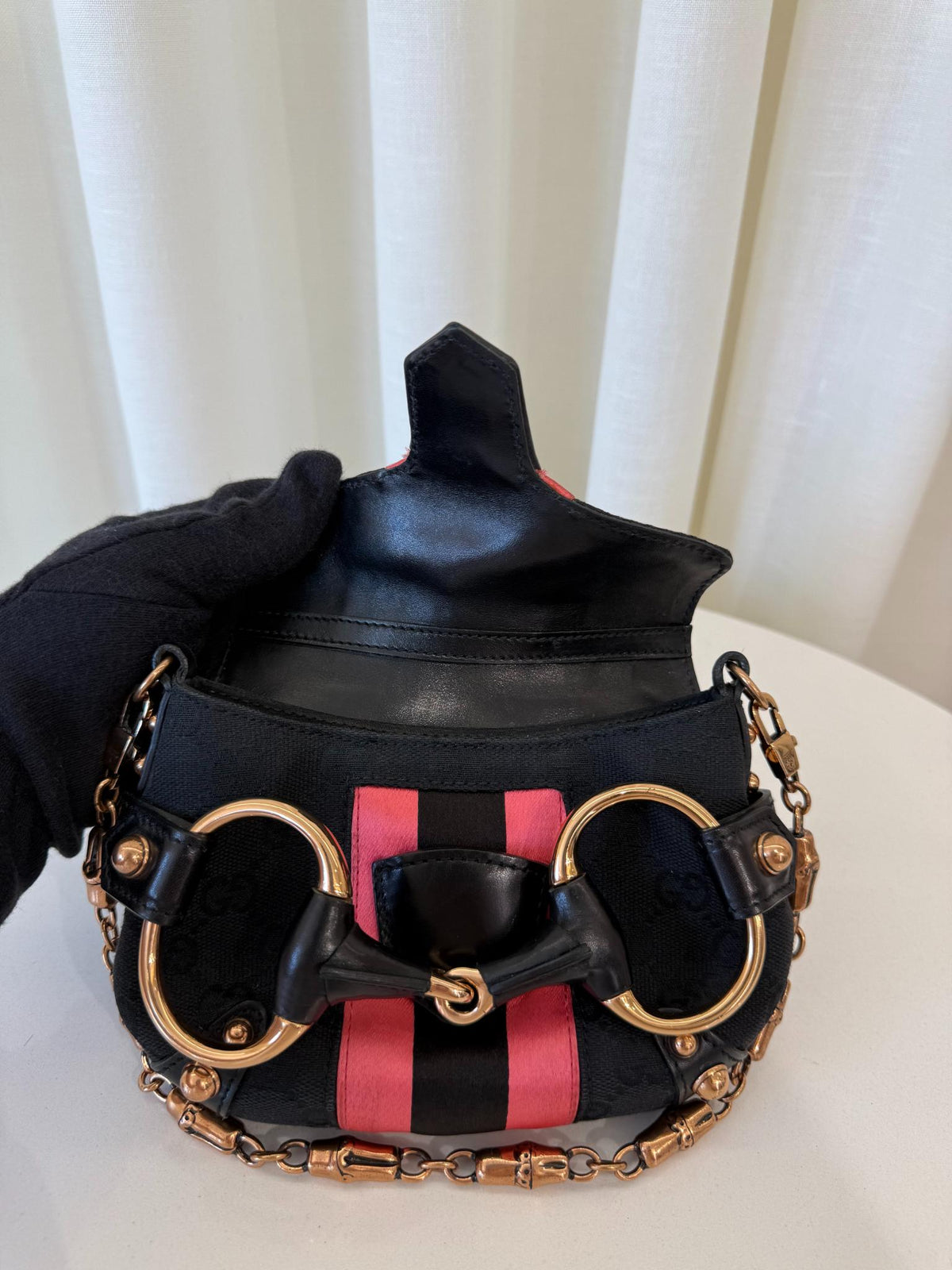 Gucci by Tom Ford Black GG Canvas Horsebit Chain Pink Stripe