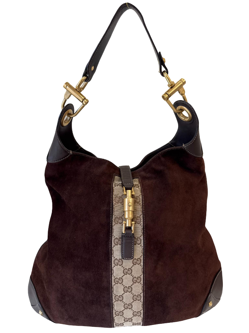 Gucci Vintage Jackie Dark Brown Suede GG Canvas Stripe Piston Lock Hobo Bag