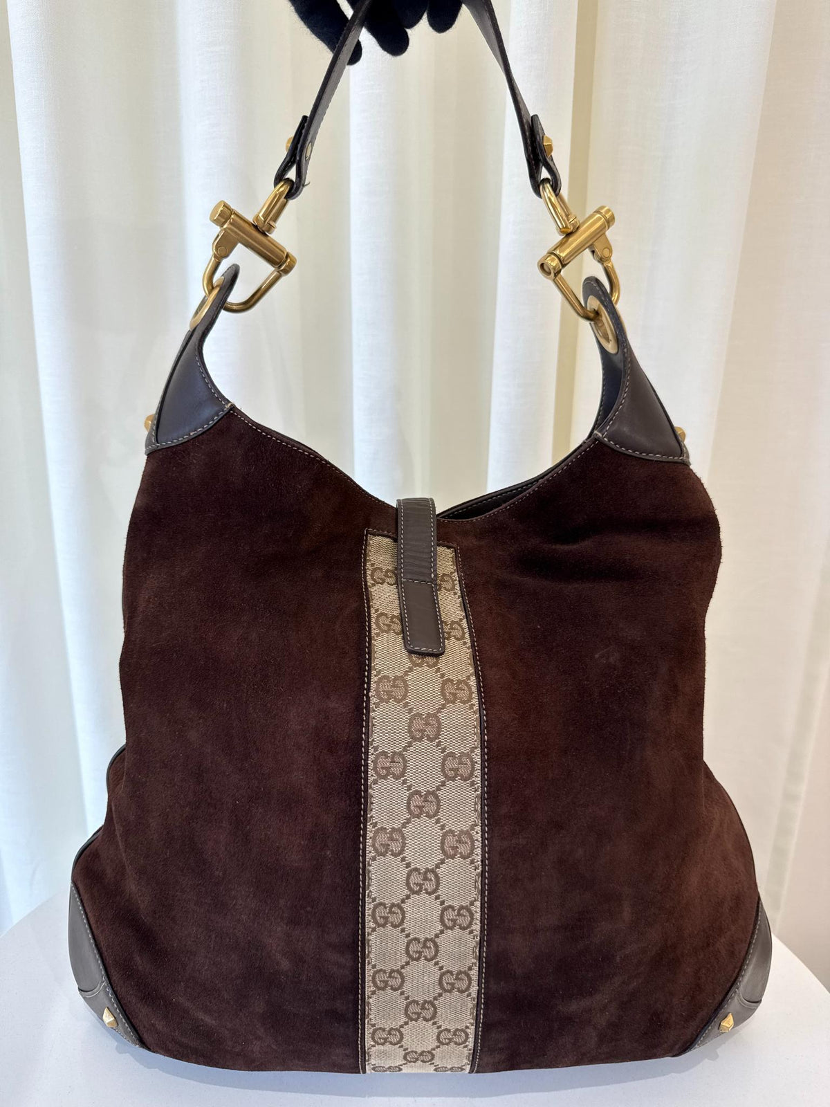 Gucci Vintage Jackie Dark Brown Suede GG Canvas Stripe Piston Lock Hobo Bag