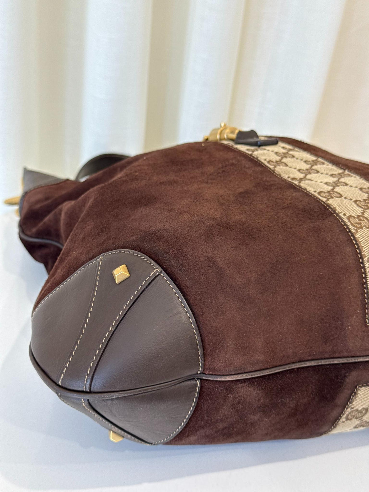 Gucci Vintage Jackie Dark Brown Suede GG Canvas Stripe Piston Lock Hobo Bag