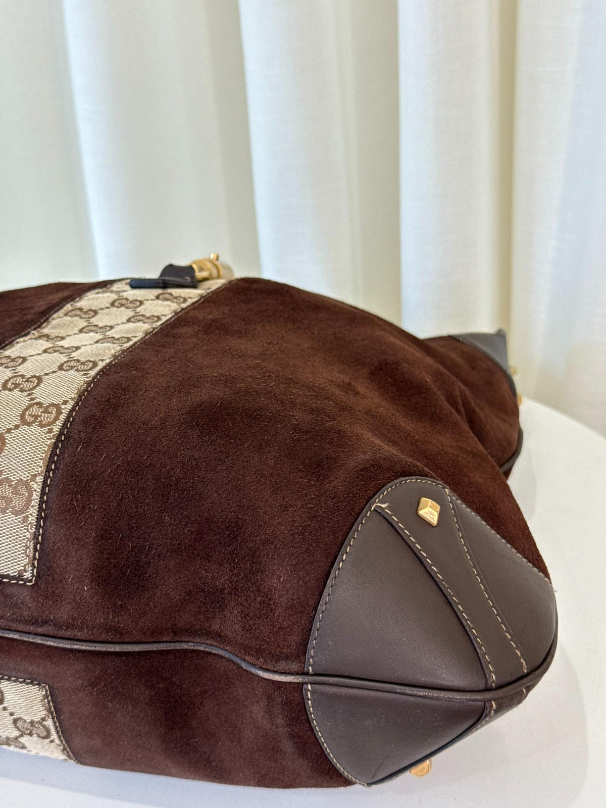 Gucci Vintage Jackie Dark Brown Suede GG Canvas Stripe Piston Lock Hobo Bag