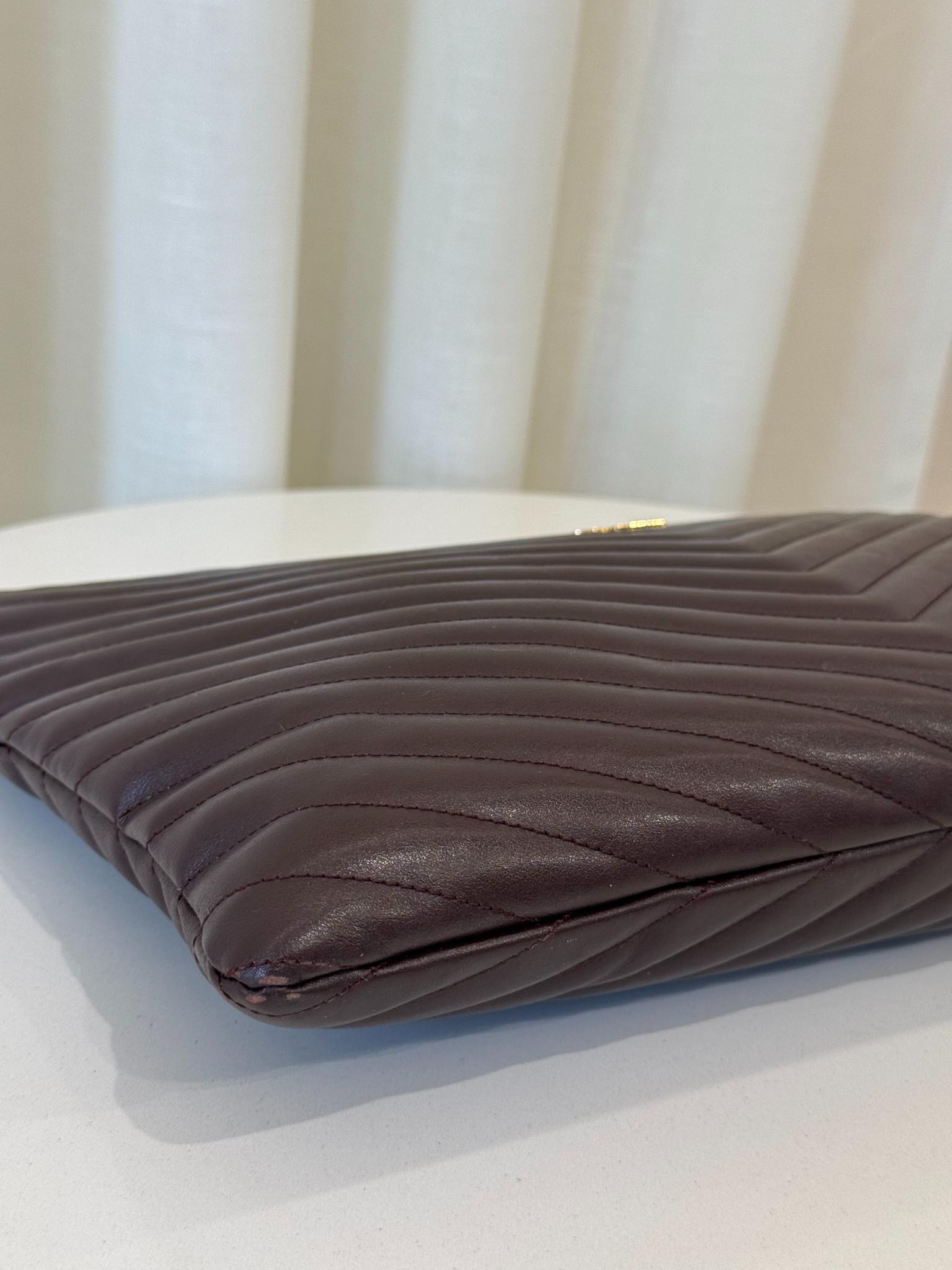 Saint Laurent Calfskin Matelasse Burgundy Chevron Monogram Clutch