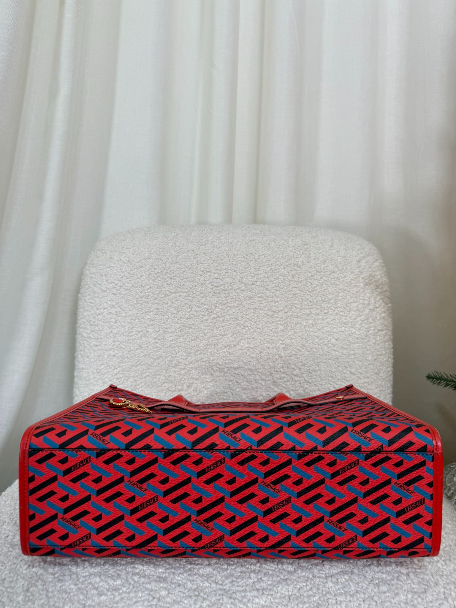 Versace Blue/Red Coated Canvas Calfskin La Greca Signature Tote Bag