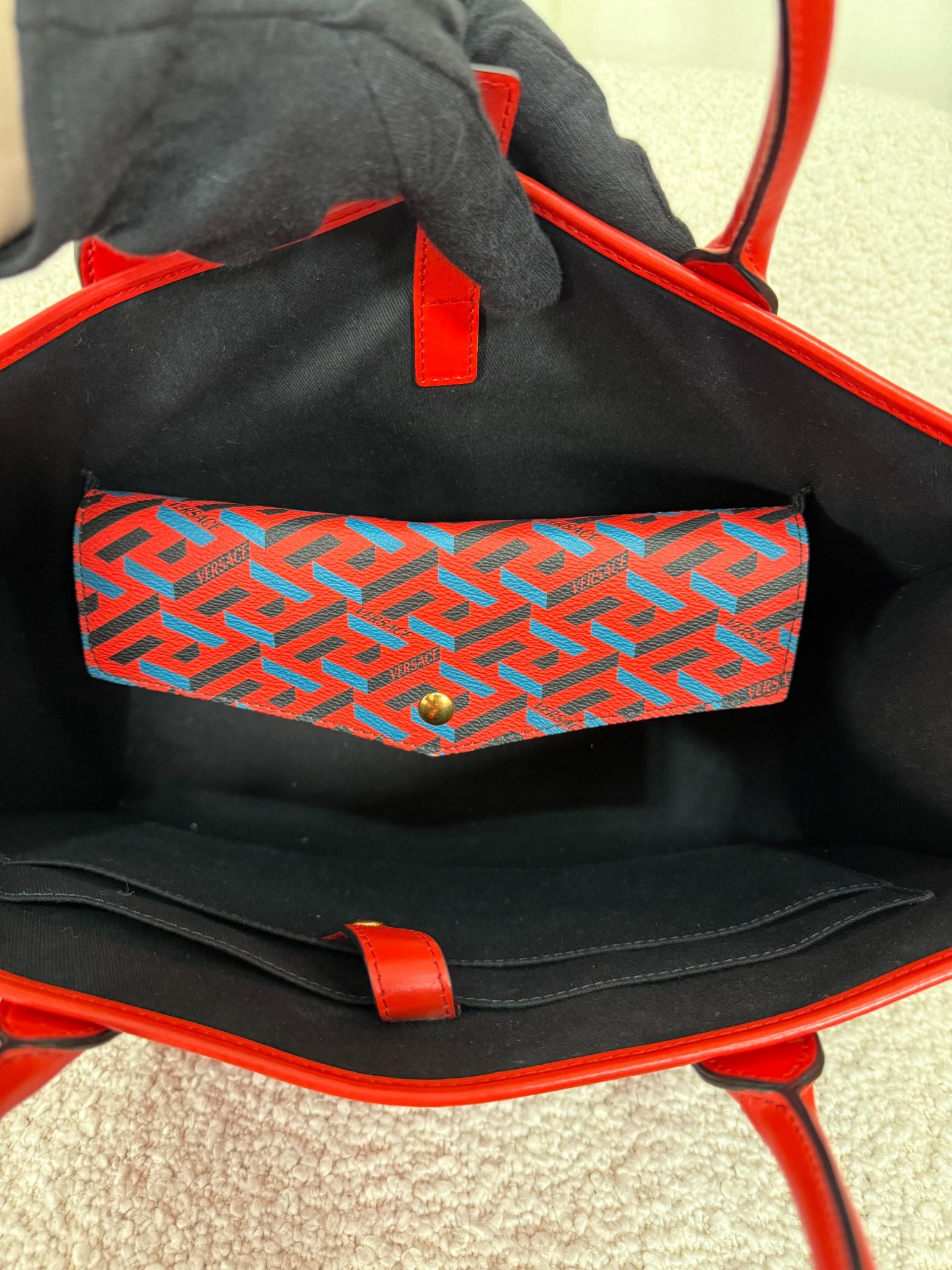 Versace Blue/Red Coated Canvas Calfskin La Greca Signature Tote Bag