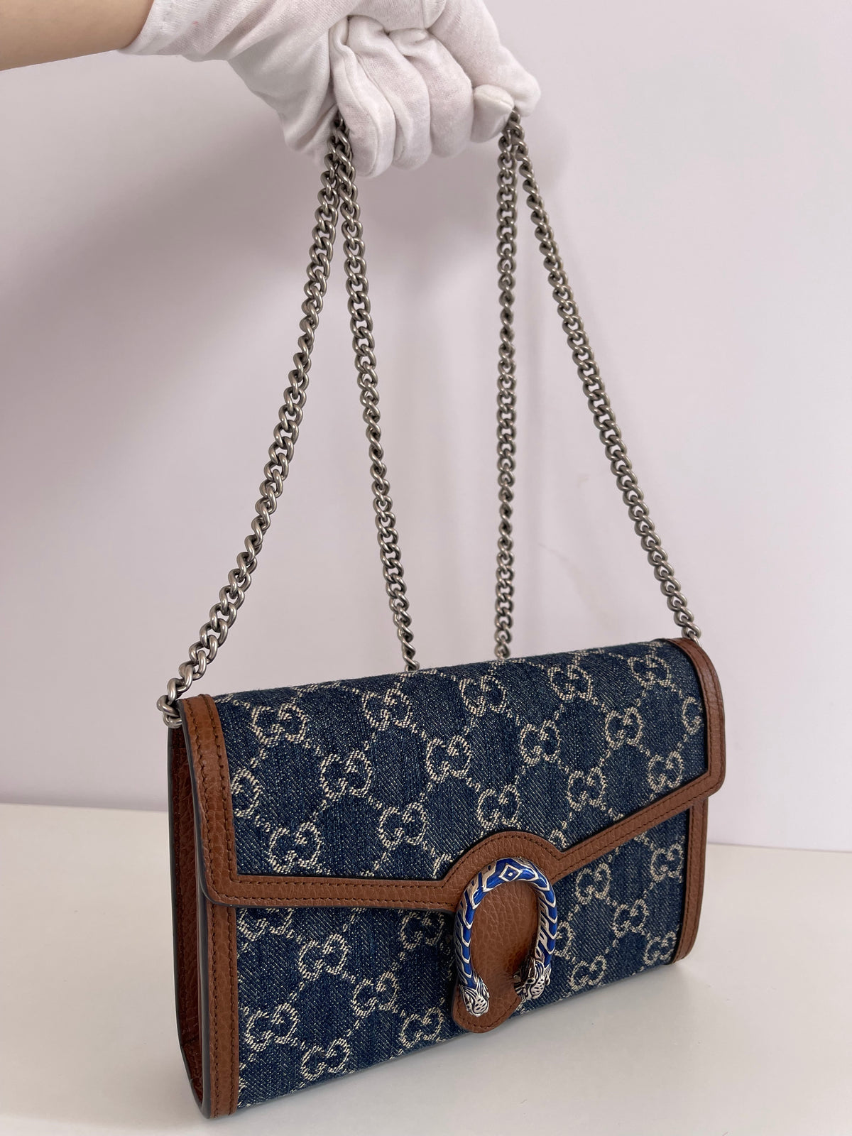 Gucci New Denim GG Monogram Mini Dionysus Wallet on Chain