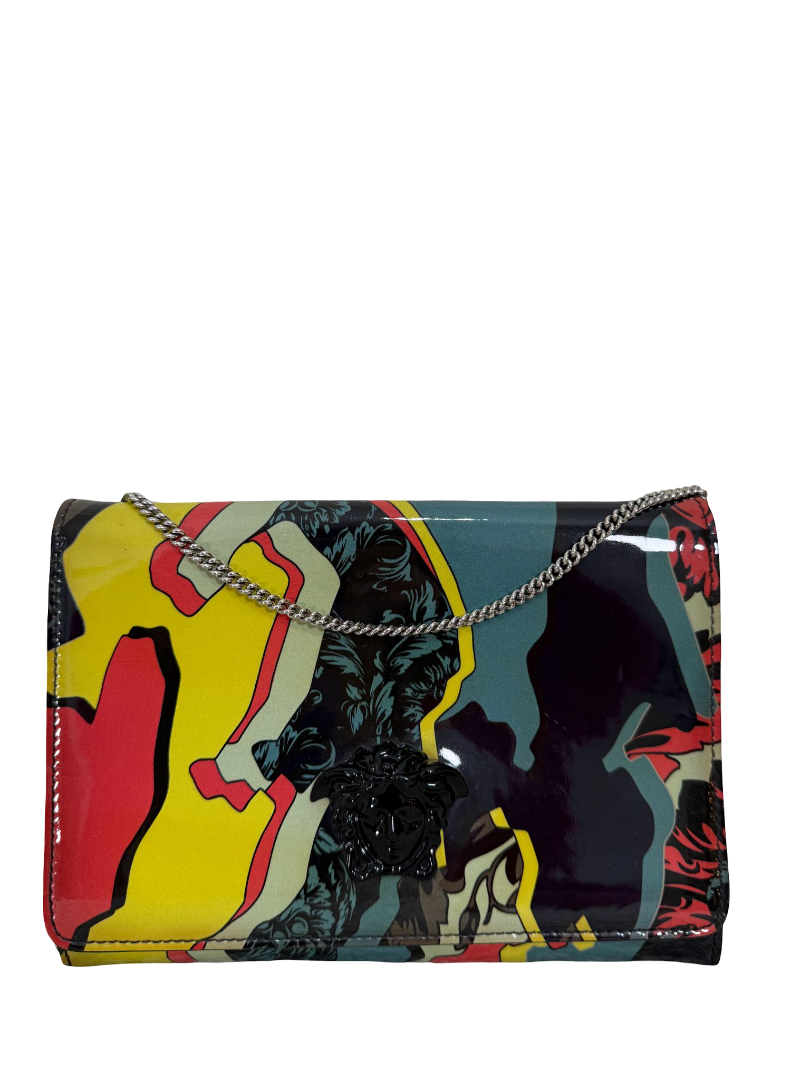 Versace Multicolored Abstract Print Patent Leather Wallet on Chain